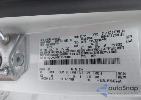 2015 Ford Escape Titanium from USA, damaged, VIN 1FMCU0J93FUB60403